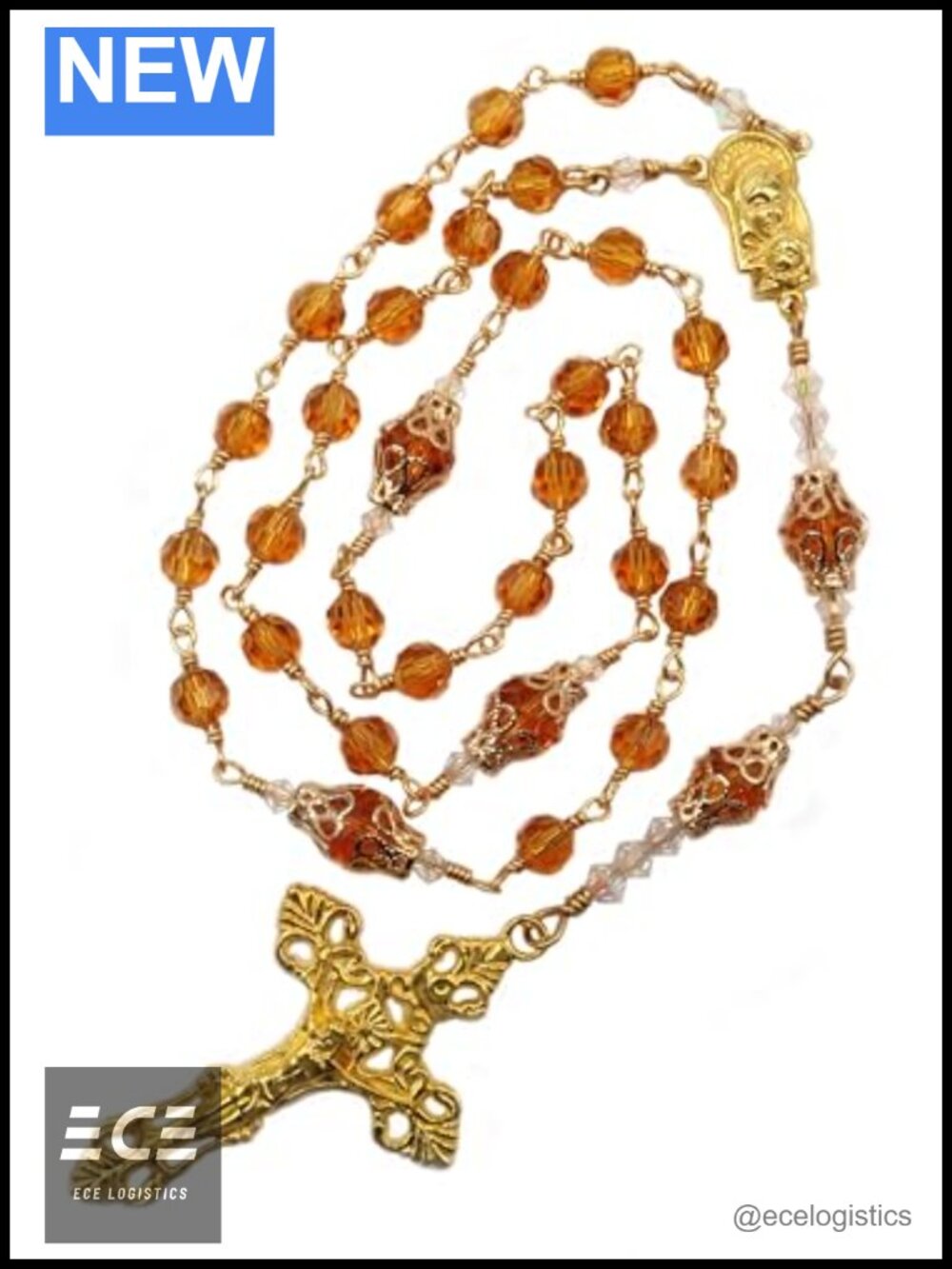 Topaz Czech Crystal Anglican Rosary Bracelet Gold Tone Crucifix 17 Inch